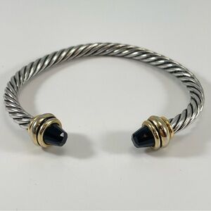 Silver Gold Tone Black Glass Cable Rope Open Cuff Bangle Bracelet Timeless Cute